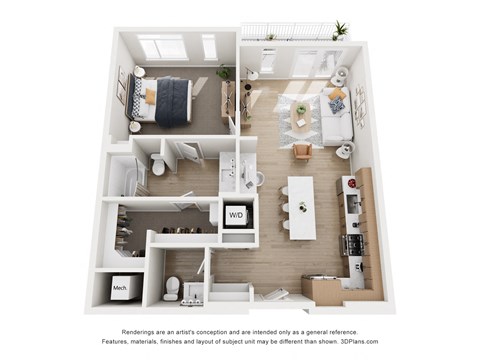Floor plan for 1 bed, 1.5 baths, 930 sqft